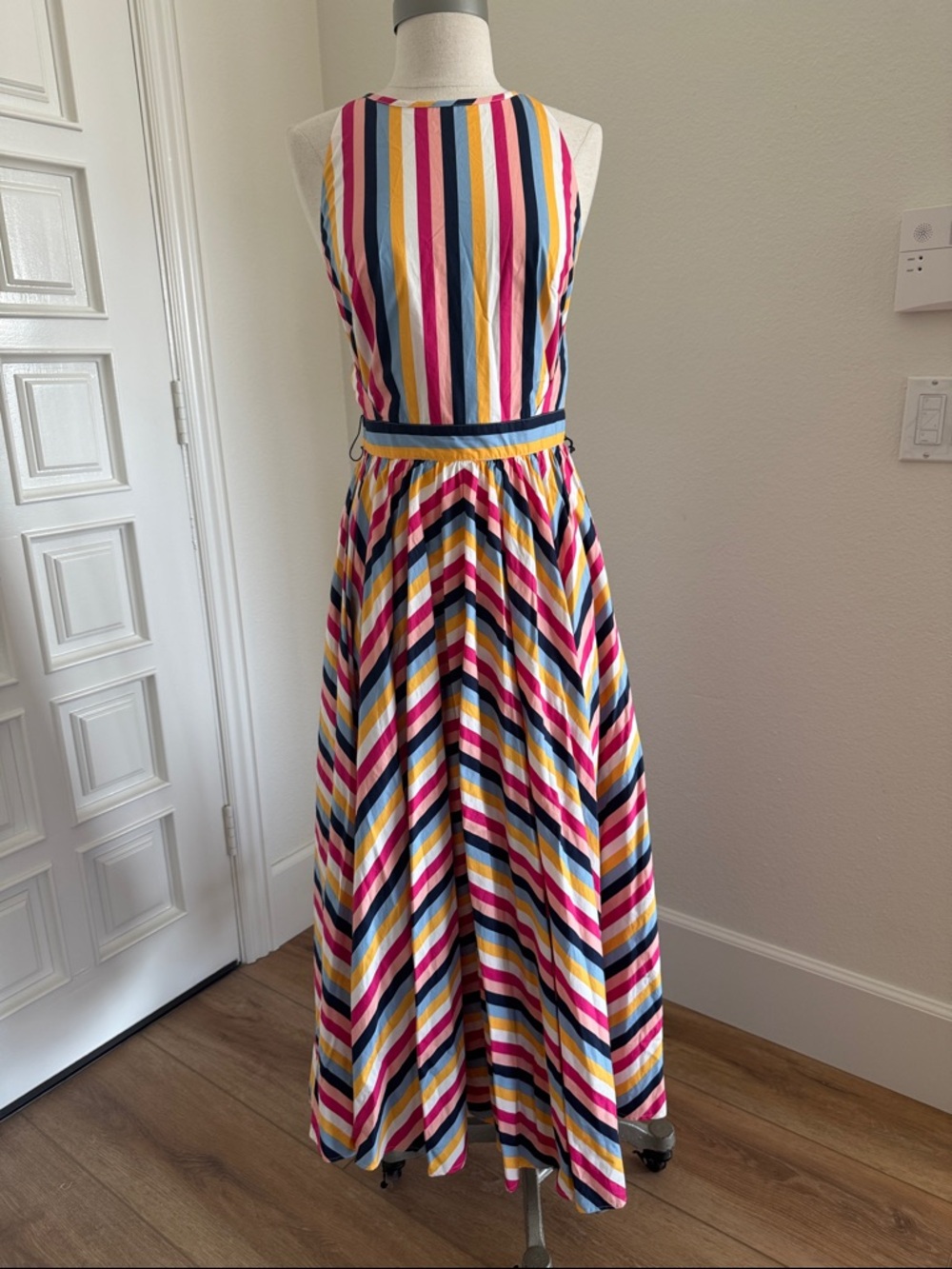 J.Crew Rainbow Stripe High Neck Belted Cotton Poplin Dress